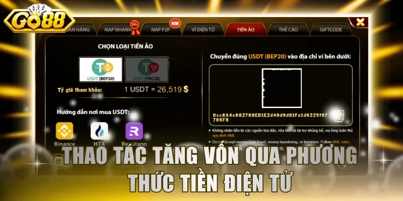 Thao tác tăng vốn qua phương thức tiền điện tử